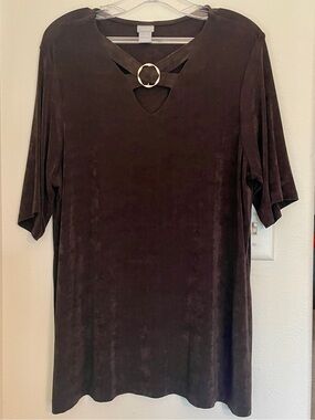 Chico's Travelers Brown Ribbed Keyhole gold O-Ring Short Sleeve Top Size 3 XL